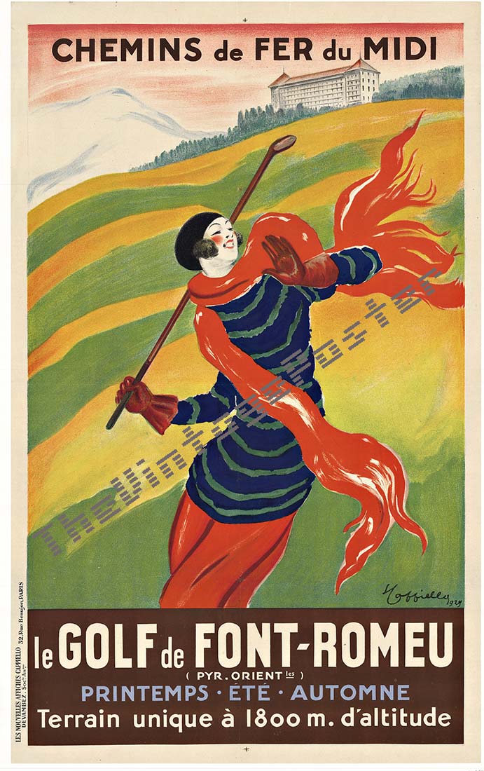 Fine recreation of this great woman's golfing created by Leonetto Cappiello. Le Golf de Font Romeu. This recreation is mastered directly from a rare original stone lithograph to capture all the beauty and fine detail of the original
