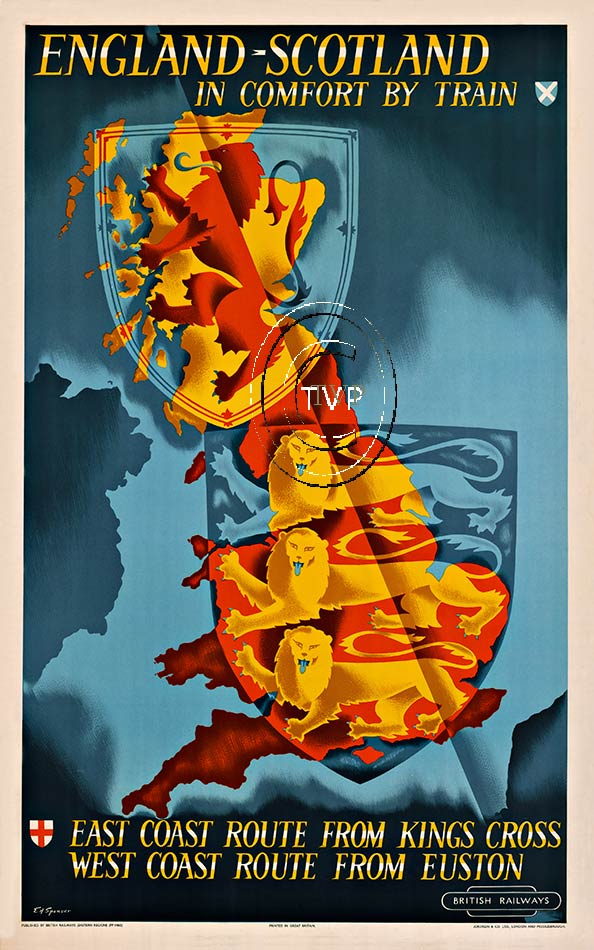Recreation of a great British travel poster. Showing the great Coat of Arms with the Lions On top "Gules, a Lion Rampant Or" and below The Three Lion Crest - a symbol of Richard the Lionheart (1189 - 1199) The 3 Lions 'passant' with their paws ra