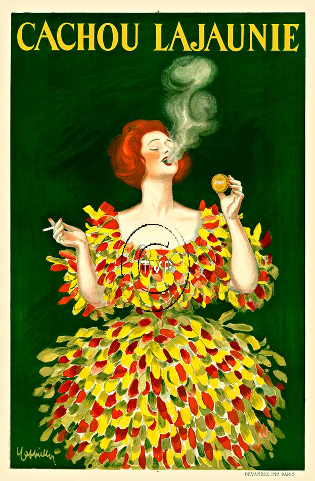 Recreation of the golden era master piece CACHOU LAJAUNIE created by Leonetto Cappiello. Mastered directly from a 1 to 1 original stone lithograph, the reproduction provides you with the finest details that brings the image and the colorful dress to lif