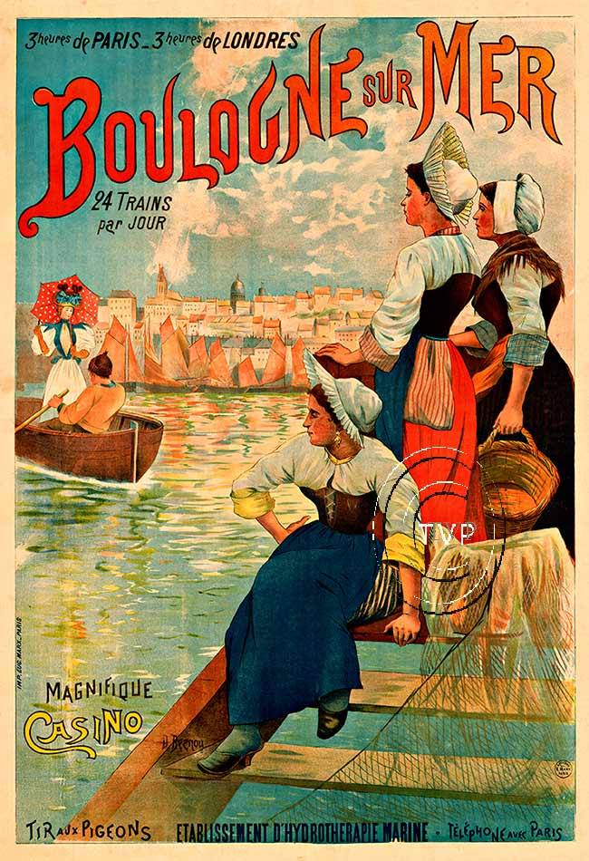 Magnique Casino; 24 trains per jour; 3 heures de Paris; 3 heures de Londres. A lovely travel poster for Boulogne that was only 3 hours from either Paris or London by train. Seaside resort showing the maidens dressed in their turn of the century garb