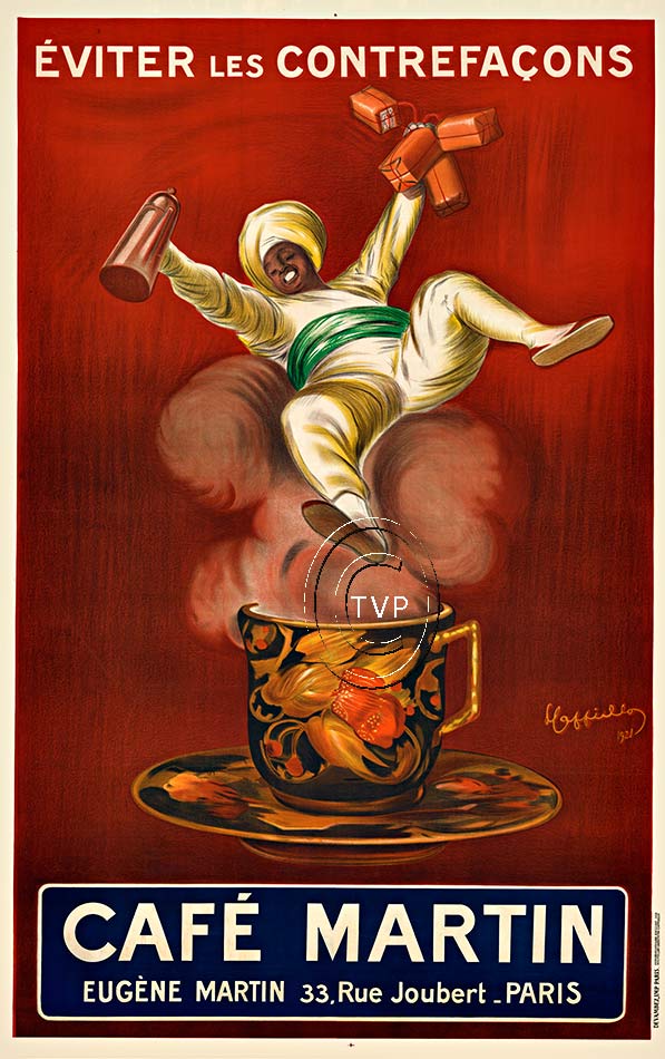 Eviter les Contrefacons 'Cafe Martin' <br>Eugene Martin, 33 Rue Joubert, Paris. <br>Sitting on the cloud of steam rising from the cup; this genie floats up into the air. Again, created directly from a rare antique original. Printed in fine acid free s