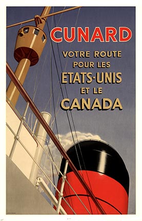 The giant steamer smoke stack and crow's nest floating in the crystal blue sky; you start your journery on the Cunard line to the United States and Canada. A great travel poster recreation perfect for all locations in the USA and Canada. Option of havi