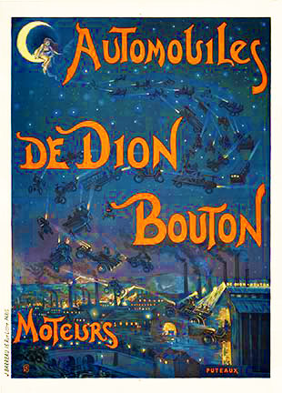 Recreation from the orignial stone lithograph. One of the more rare night time posters of automobiles flying through the air. Although the poster is signed with the initials of H.F.; we are not able to attribue this recreation directly to a named arti