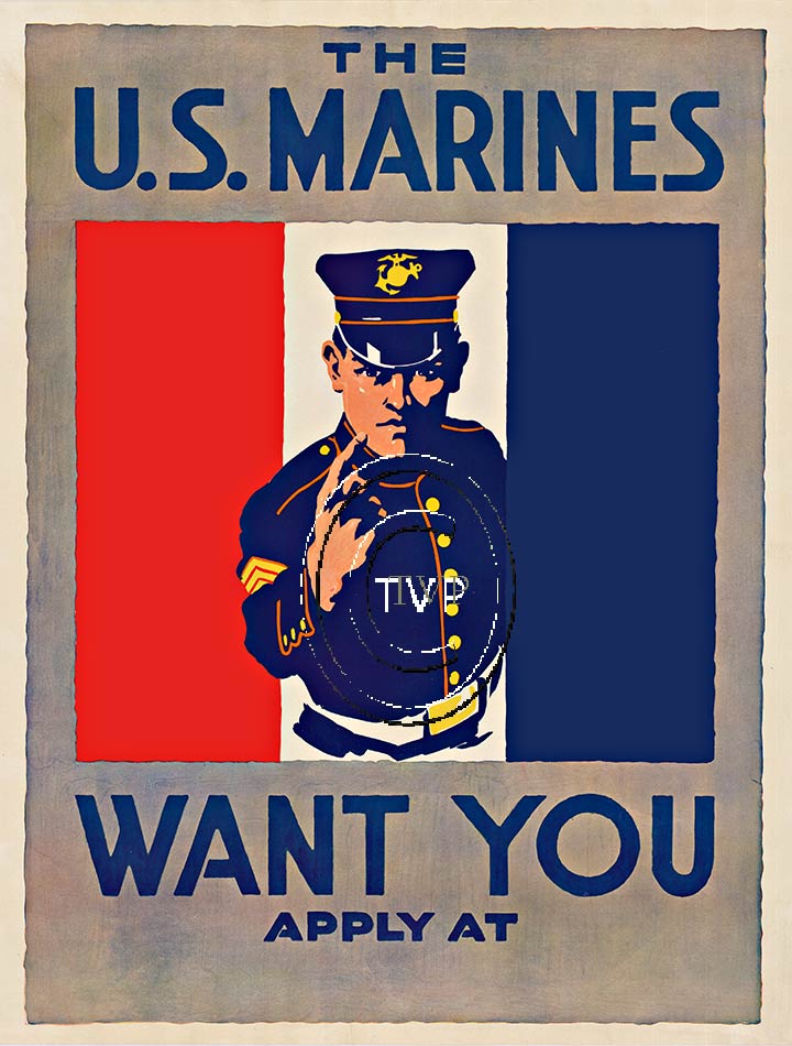 Archival ink on fine acid free 230-250 gm acid-free paper recreation with 100+ year long life archival ink of this famous Marines poster. THE U. S. MARINES WANT YOU Enlist Today. Option print on fine American art canvas available. The watermark
