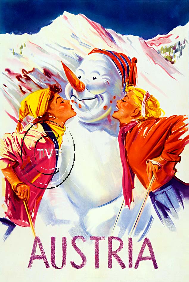 Two beautiful women kissing a snowman at the base of the ski slopes in Austria. Giclee rec-creation using archival ink and smooth acid free 230-250 gm acid-free paper to guarantee years of enjoyment. <br>. This image is also available on optional fin
