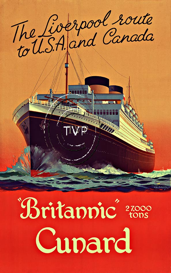 Beautiful archival ink giclee print mastered directly from a one to one to the original of the Britannic's Cunard travel poster. Very vibrant and contains all the exact color trappings of the original lithograph. Printed on acid free 230-250 gm acid-