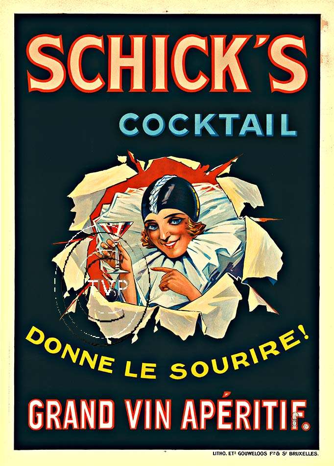Created directly from a vintage original; this re-creation shows all the detail and design as the original. Art deco French liquor poster with a woman popping thru the background with a martini glass in her hand. <br> <br>Printed on acid free 230-250 