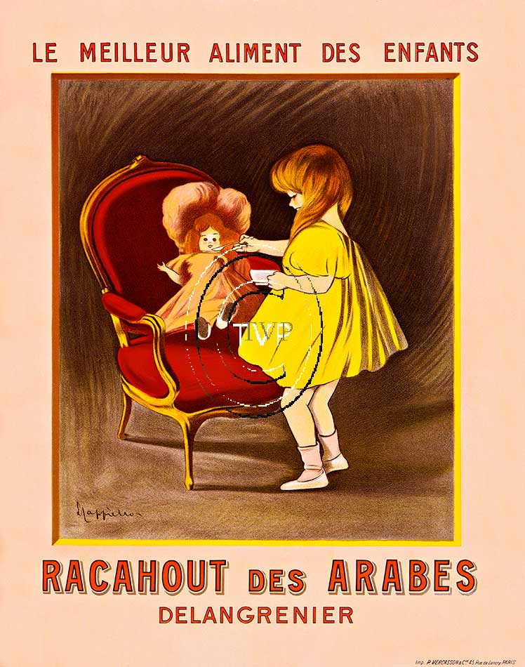 Racahout des Arabes. Rare children's design by Cappiello. Le Meilleur Aliment des Enfants. Only a very few of this image have ever been available and all now are in private collectors hands. The little girl and doll in the rocking chair is great for