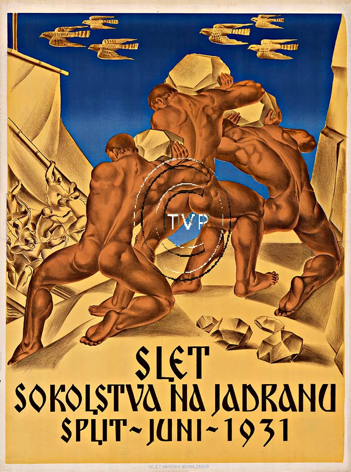 SLET Olympic style poster for Sokol Olympics. Mastered directly from a rare 1931 SLET antique lithograph; this recreation features all of the fine details and muscles detailed in the rare original. <br>Printed on acid free 230-250 gm acid-free paper wi