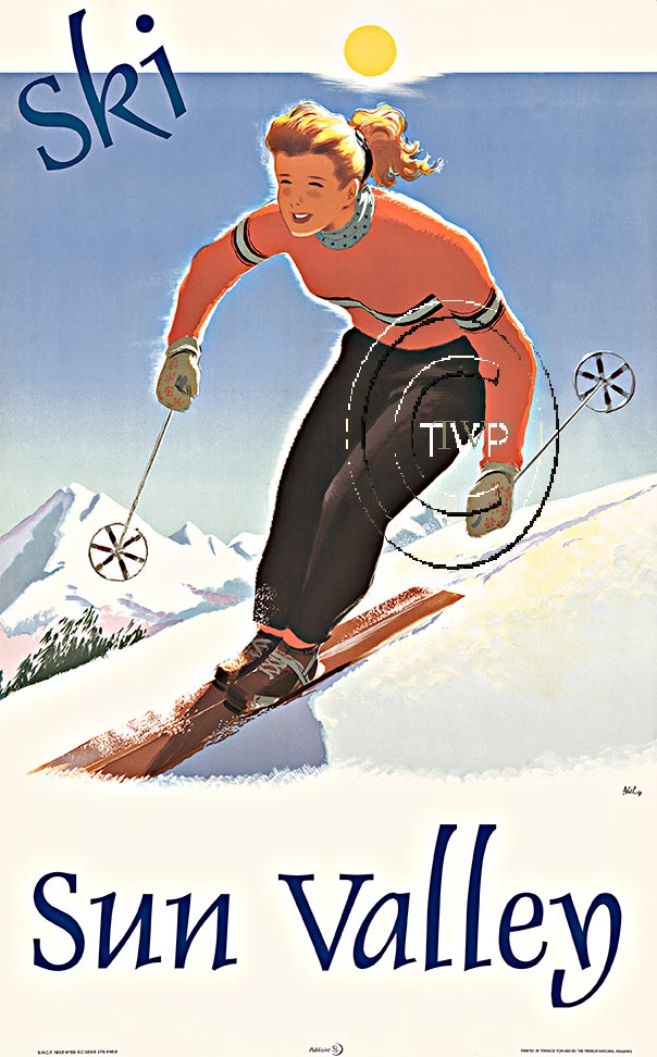 Recreation of a 1953 ski poster. The downhill skier has the sun shining over her head. Need a great image for your cabin or get away home; ski in and have one of these framed for your home! <br>Printed on acid free 230-250 gm acid-free acid-free