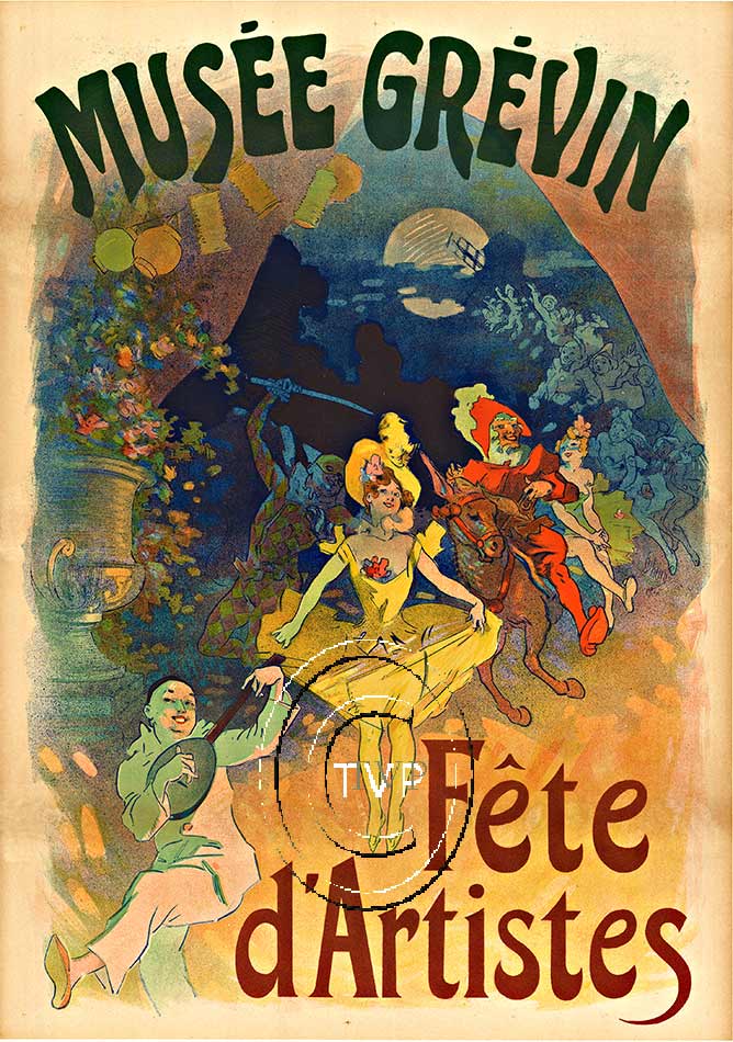 Musee Grevin - Fete d'Artistes. Mastered directly from a one to one original stone lithograph of the famous turn of the century Musee Grevin. Finest detail that matches the stone lithographic markings that are shown on the vintage original image at a