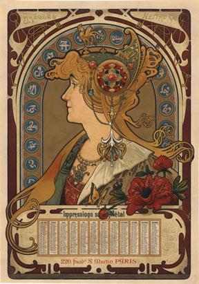 Impressions su Metal; this 1900 calendar done in the style of Mucha is a beautiful recreation directly from the original. Dressed with the ornamental cock on her headdress and dangling earring from the stone encrusted shield; this beauty welcomes in a ne