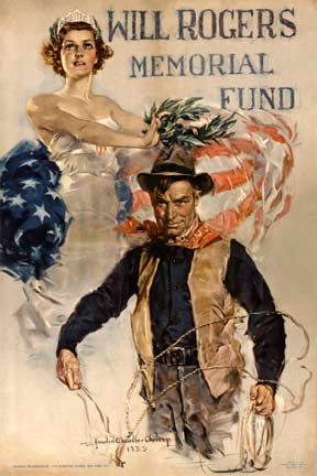 Recreation mastered from an original. One of Howard C Christy's most inspirational images was this one done for the Will Rogers Memorial Fund in 1935. "America" stands behind Will wrapped in the American flag. Will is featured holding rope with a lass