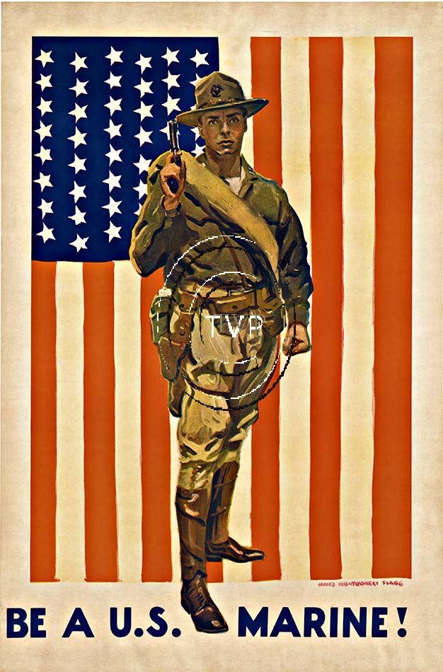 Be A U. S. Marine. A U. S. soldier is standing in front of a U.S. flag; dressed in fatigues. Flagg is also the artist that produced the famous I Want You for the Army 1917 patriotic poster. <br>Mastered directly from a 1 to 1 file of an original stone 