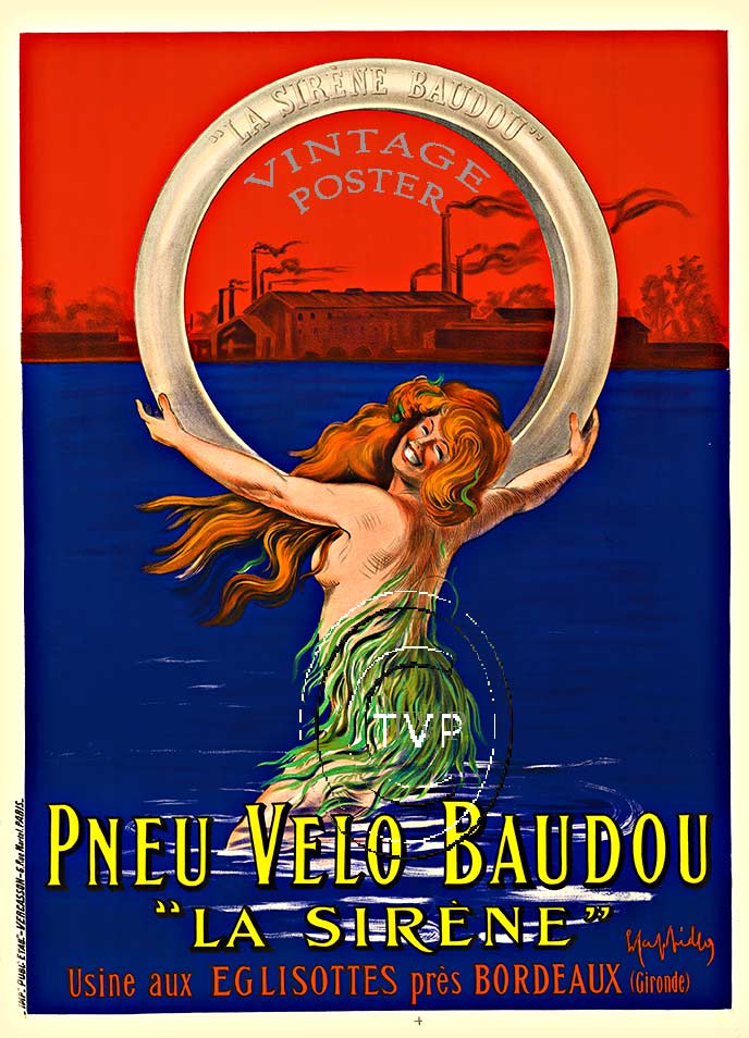 Pneu Velo Baudou Beautiful re-creation taken directly from the original stone lithographic poster so that you receive the same detail of the lithograph.