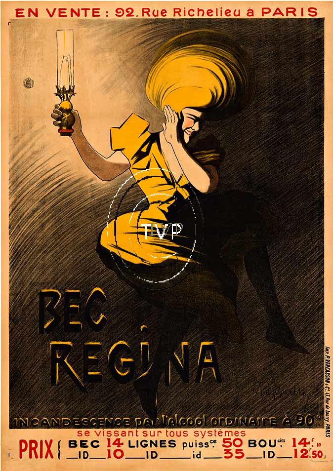 Bec Regina. Turn of the century oil lamp shines so bright that she has to turn her head away from the bright light. <br>Mastered directly from a 1 to 1 file of an original stone lithograph this recreation provides you with all the fine details that you