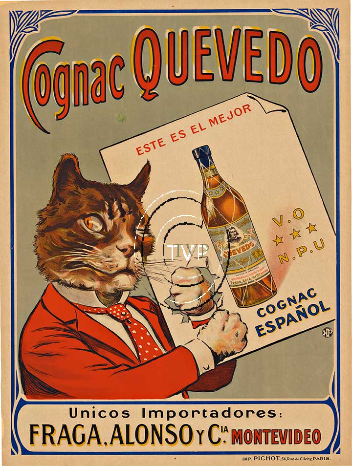 The Cognac "Cat" Quevedo. Cognac Espanol (Spanish). <br>Mastered directly from a 1 to 1 file of an original stone lithograph this recreation provides you with all the fine details that you will see in the antique original. Printed on acid free 230-