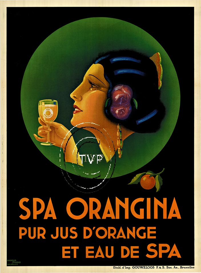 SPA ORANGINA Pur Jus D'Orange et eau de Spa. Printed with archival ink on fine acid free smooth art paper. <br>Mastered directly from a 1 to 1 file of an original stone lithograph this recreation provides you with all the fine details that you will s
