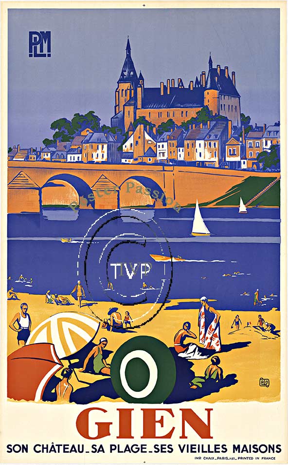 Gien, a recreation of a great beach and water style travel poster. Shows the boaters and beach goers along the river in Gien. The Gothic building rise over the old stone city bridge. <br>Mastered directly from a 1 to 1 file of an original stone lithog