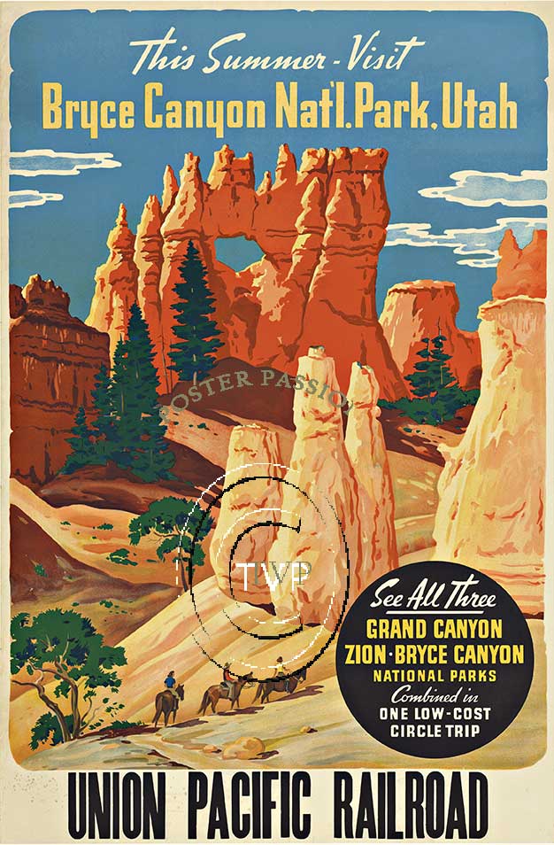 This Summer Visit <br>Bruce Canyon National Park, Utah. Union Pacific Railroad. <br>Mastered directly from the original Grand Canyon original poster, this creation will have the detail and color of the antique original lithograph. <br>Mastered directly 