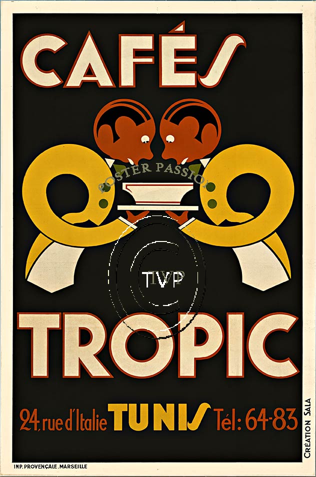 Rare art deco image of Cafe Tropic with two waiters peering into a bowl. Fun rare art deco image great for a kitchen or dining room area. <br>Mastered directly from a 1 to 1 file of an original stone lithograph this recreation provides you with all the 