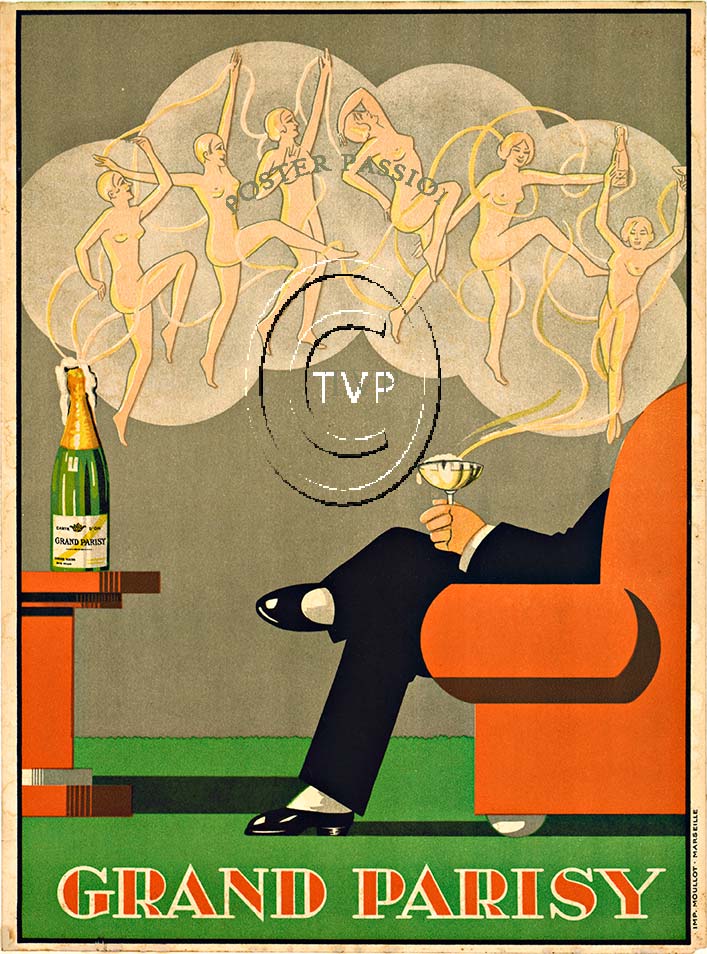 A vintage French liquor advertising art poster for Grand Parisy Champagne in France. It is entitled, ' Grand Parisy' and features a gentleman sitting back and enjoying a glass of Champagne while dancing nude female figures seem to 'bubble out of the bottl