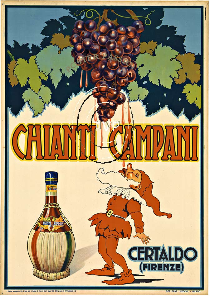 Chianti Campani Italian wine poster. The image that features a gnome drinking wine coming directly out of the grapes above his head in this late 1940's lithograph. <br>Mastered directly from a 1 to 1 file of an original stone lithograph this recreation 