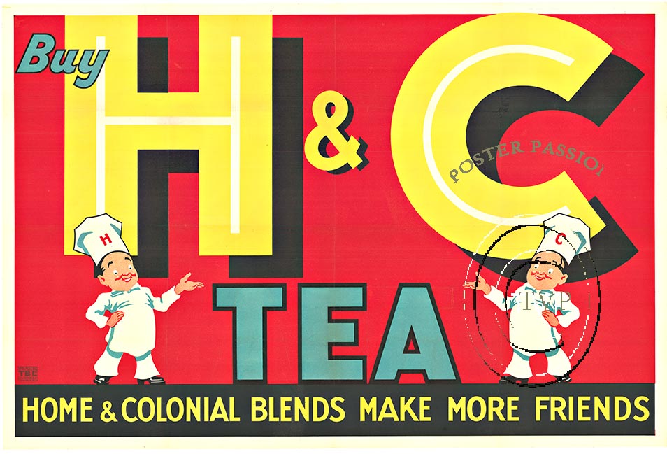 Recreation mastered directly from the original stone lithograph of the H & C Tea; Home & Colonial Blends Make More Friends antique poster. A great horizontal format image suitable for any kitchen, dining room, or family room. <br>Mastered directly f