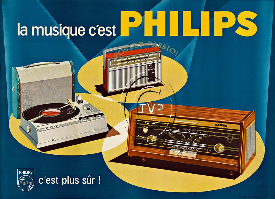 Recreation mastered directly from the original lithograph of 'la musique c'est PHILIPS' mid century modern vintage poster. This great horizontal images features a portable record player; new portible transistor radio; and a home radio system. <br>Mas