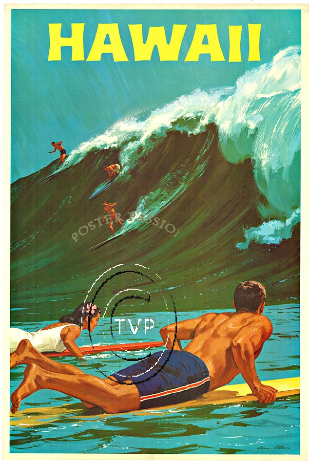 Recreation travel poster to the big waves in Hawaii. This great surfing posters features a man and woman lying on their surfboards waiting as a giant wave propells the others towards the beach. <br>Mastered directly from a 1 to 1 file of an original