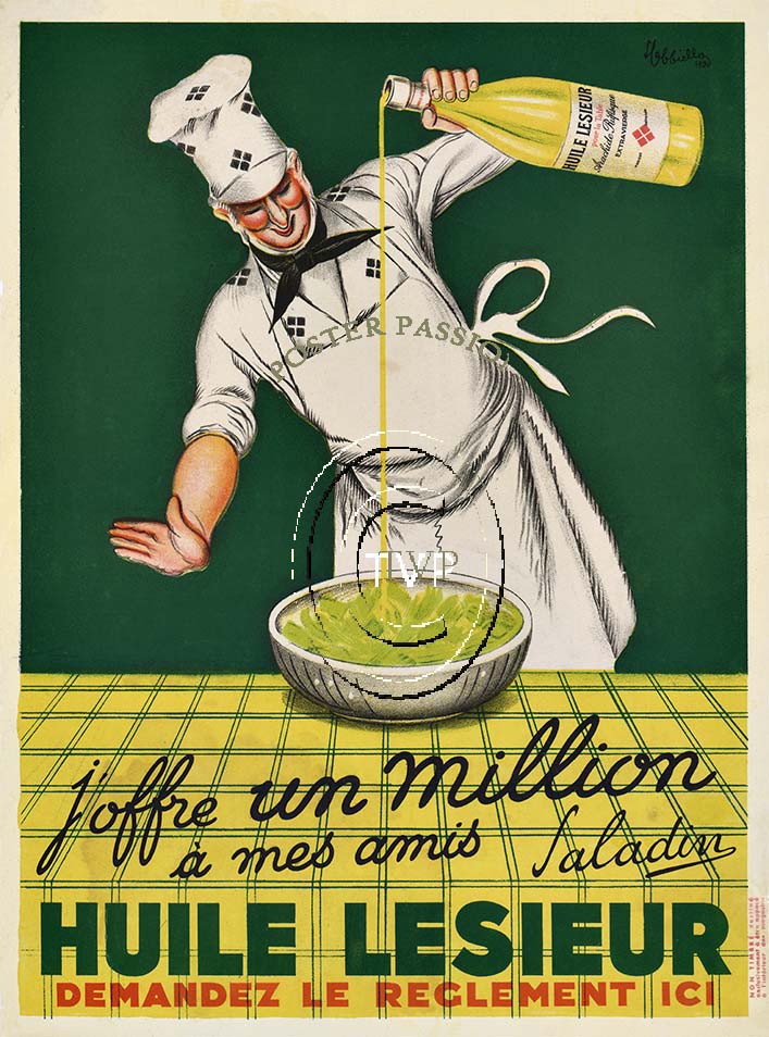 Recreation of one of Cappiello's great vintage poster images for Oilive Oil Huile Lesieur. The chef in this image is pouring a generous amount of this fine olive oil on the salad he is preparing. Naturally the main color tones in this image are gree