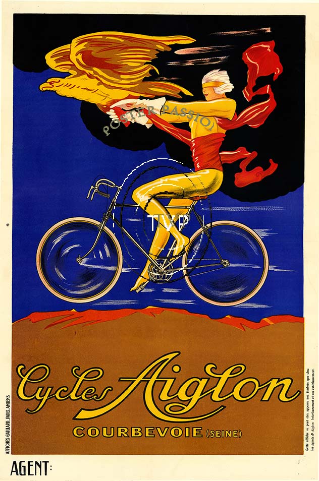 Recreation mastered directly from an original stone lithograph of Cycles Aiglon Courbevoie (Seine) antique poster. This image features a woman blindfolded riding a bicycle as she is being pulled by an eagle. A scarf wrapped around her body and in one