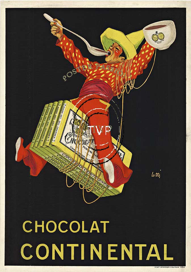 Recreation of the rare Lotti 'CHOCOLAT CONTINENTAL' poster from 1926. This great art deco image features a man in a sombrerro riding on a stack of Chocolate Continental bars while holding a cup of hot chocolate. <br>Mastered directly from a 1 to 1 file