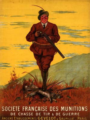 Societe Francaise des Munitions de Chasse de Tir & de Guerre. Poster for sport hunting. Shows a hunter with his game at his feet. Rare image from Cappiello only available in this size. Great detail with full color trapping of the original poster.