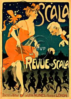 SCALA Revue de la Scala.  This is a re-creation of the rare large oversize version of Grun's Scala.   Original printed in the 1906 by CH. Verneau.  The antique original was a stone lithograph printed for a show in 2 Actes et 16 Tableaux.   The fine detail