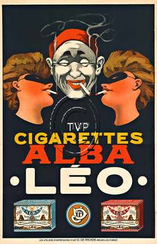 Cigarettes Alba Leo. This is a recreaton directly off the original providing all the lithographic detail but sold as decorative art. The white faced mime in the middle surrounded by the two masked women smoke Alba Leo Cigarettes. It is believed that 