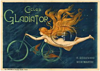 Recreation mastered directly from one of the extremely rare original turn of the century original horizontal Cycles Gladiator originals.    The original is very rare and one of the most important bicycle posters of all time.
<br>Mastered directly from a 1