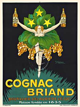 Recreation of the famous COGNAC BRIAND rare antique liquor poster. Master directly 1 to 1 from the original; this fairly topless woman dressed in grape leaves and bunches of grapes holds two bottles of Cognac Briand high in the air. She rests on the w