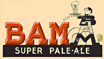 Horizontal poster for BAM Super Pale Ale.   The waiter's body is also made up of the letters B A M.   Mastered directly from the antique original poster for full detail.   
<br>Mastered directly from a 1 to 1 file of an original stone lithograph this recr