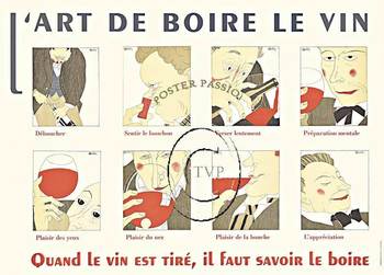 L'Art de Boire le Vin. The Art of Drinking Wine. Horizontal format panels of opening the wine bottle, smelling the cork, pouring slowly, preparing visually, pleasing the eyes, sniffing the wine, tasting and then enjoying the taste. A fun image great