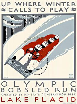 Reproduction of the Olypic Bobsled Run at Lake Placid; Up where winter class to play. Operated by the N.Y. State Conservation Dept. Federal Art Project, [between 1936 and 1941]. Poster promoting winter This recreation provides you with all the fine de