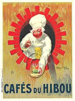 Recreation of the rare Jean d'Ylen Cafes du Hibou vintage stone lithograph.     The chef is sticking his head and part of his body out of the oval window offering you a cup of his Café du Hibou coffee.
<br>Mastered directly from a 1 to 1 file of an origin