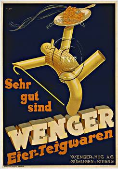 Recreation of a great German art deco pasta poster: "Sehr gut sind WENGER Eier-Tiegwaren". The artist is presumed to have been Huber Wenger who designed this early version of the company's pasta poster. Swiss design. A great kitchen art deco design