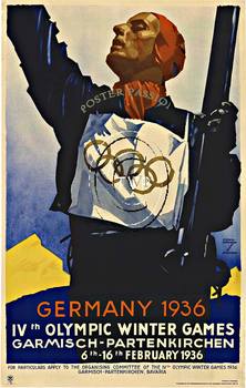 GERMANY 1936 IV th Olympic Winter Games. Garmisch - Partenkirchen. 6th - 16th February 1936. This skiier is holding his hand high while clutching his skiies and poles in the other hand; hoping to win gold. <br>Mastered directly from a 1 to 1 file of