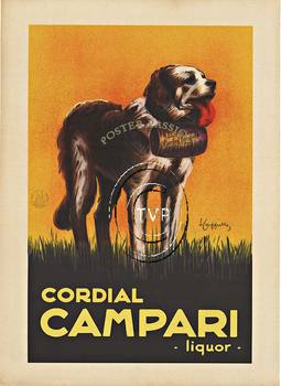Recreation of Cappiello's Cordial Campari liquor that features a Saint Bernard. An Italian liquor company with a Swiss style design. <br>Mastered directly from a 1 to 1 file of an original stone lithograph this recreation provides you with all the 