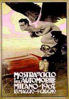 Recreation of the Mostra del Ciclio dell Automobile. Milano 1907. Coventry rag paper. <br>Racing down the road with a nude angel or eagle flying along side provides speed in this turn of the century design. Last copy of this poster image printed as 
