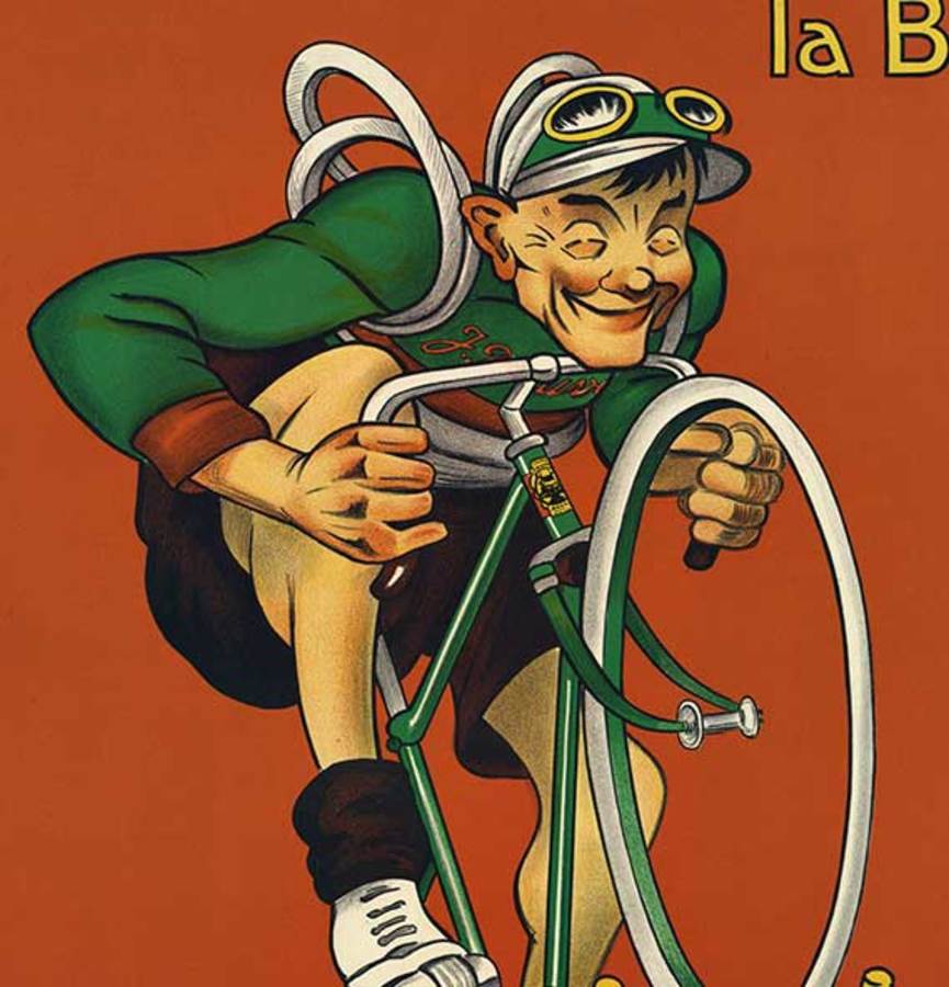 J. B. LOUVET vintage poster recreation of the artist Mich's bicycle and bicycle tires. The image features a man on a bicycle that is riding up a ladder. This is the bicycle that can climb anything.
