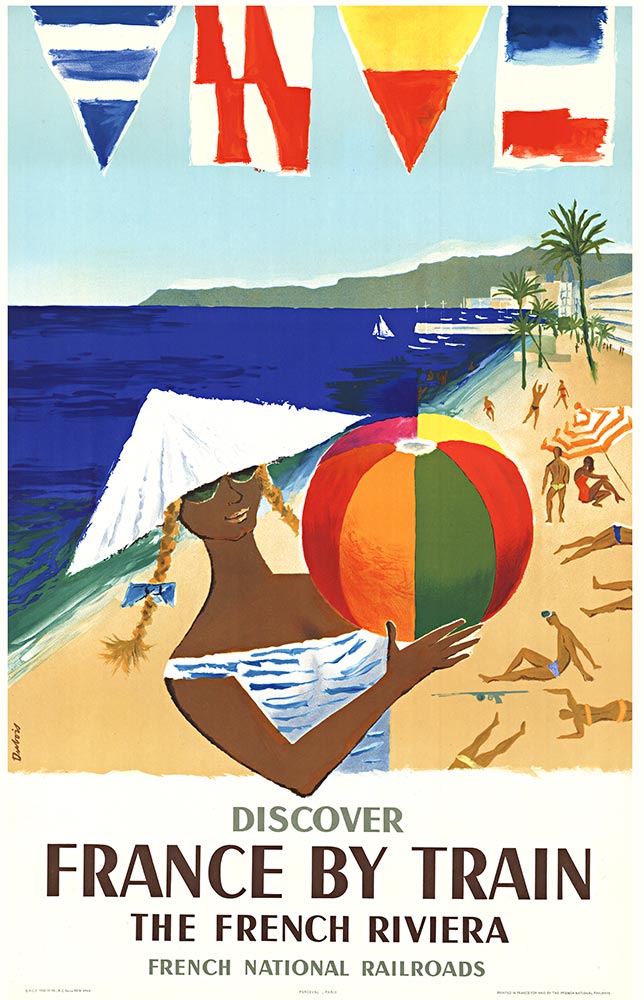 Recreation of a French vintage travel poster to the French Riviera. Mastered directly from an original lithograph that captures all the finest details of these bathing beauties and woman with a beach ball. A great fun image for most rooms of a home. <