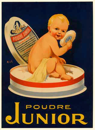 Small format image created from the original lithograph in a one to one size. This image is printed on fine acid free paper with archival ink. A great image for any 'powder' or bathroom. Medium dark blue background baby sitting in his Junior Powde