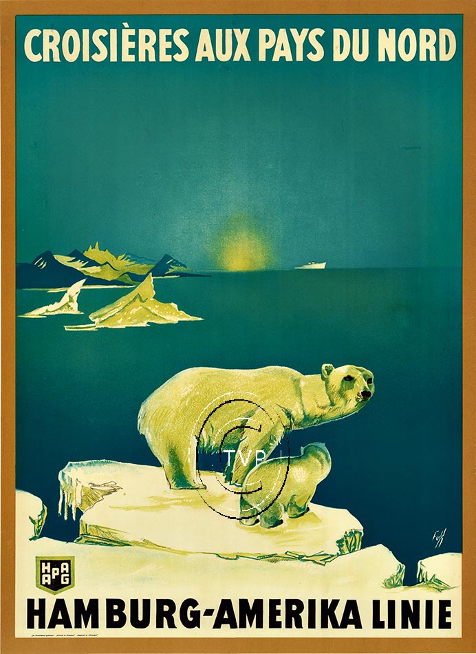 Recreation of this rare German travel by sea poster. This recreation was mastered directly from the original poster to guarantee detail to the original design. This recreation is created from a one to one to the original. <br>Fuss was a prolific des